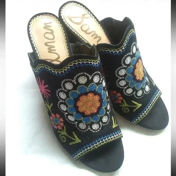 [8.5]Sam Edelman Suede Open Toe Mules Black Embroidered Bohemian High Block Heel - Picture 2 of 8